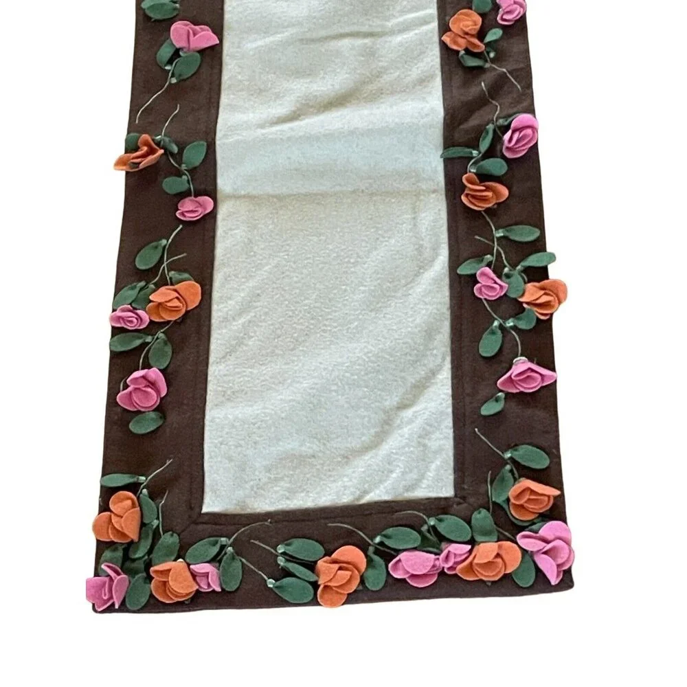 Pier 1 Imports Table Runner Jardinia 14” X 69” 3D Fabric Flowers Brown Tan‎ Wool